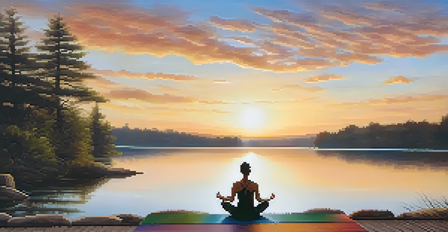 A person practicing pranayama at sunrise by a calm lake, surrounded by nature.