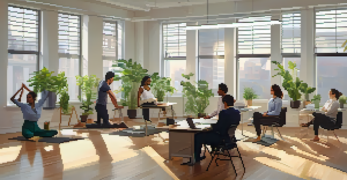 A diverse group of office workers practicing chair yoga in a bright and calming office environment, with plants and motivational posters.