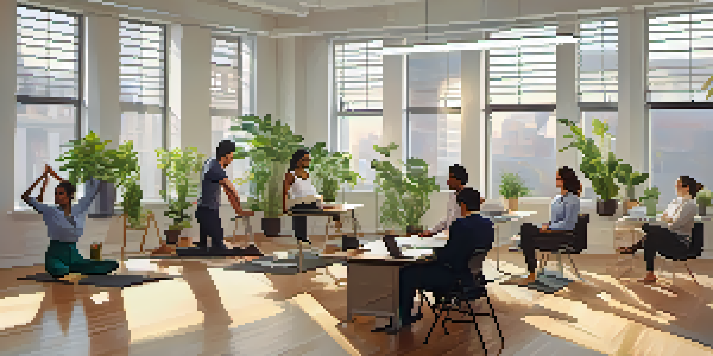 A diverse group of office workers practicing chair yoga in a bright and calming office environment, with plants and motivational posters.