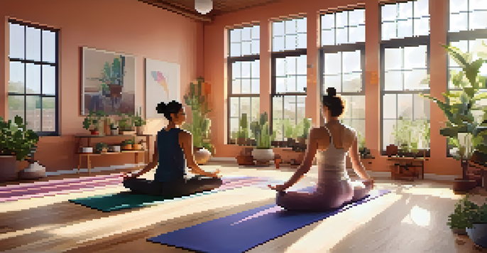 A yoga studio with diverse practitioners in various poses, illuminated by natural light.