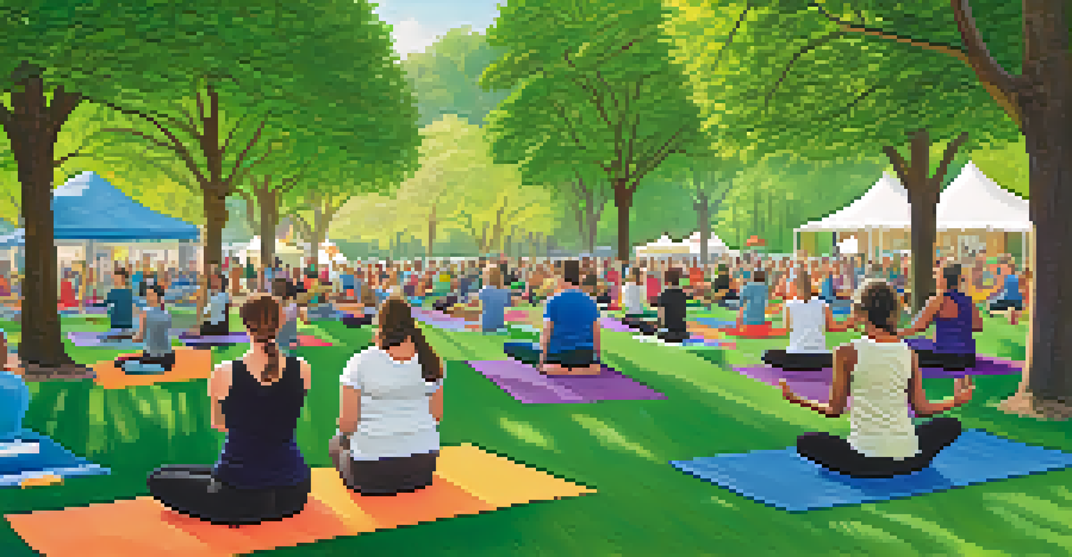 A diverse group of people practicing yoga in a park, with volunteers organizing a cleanup effort in the background.