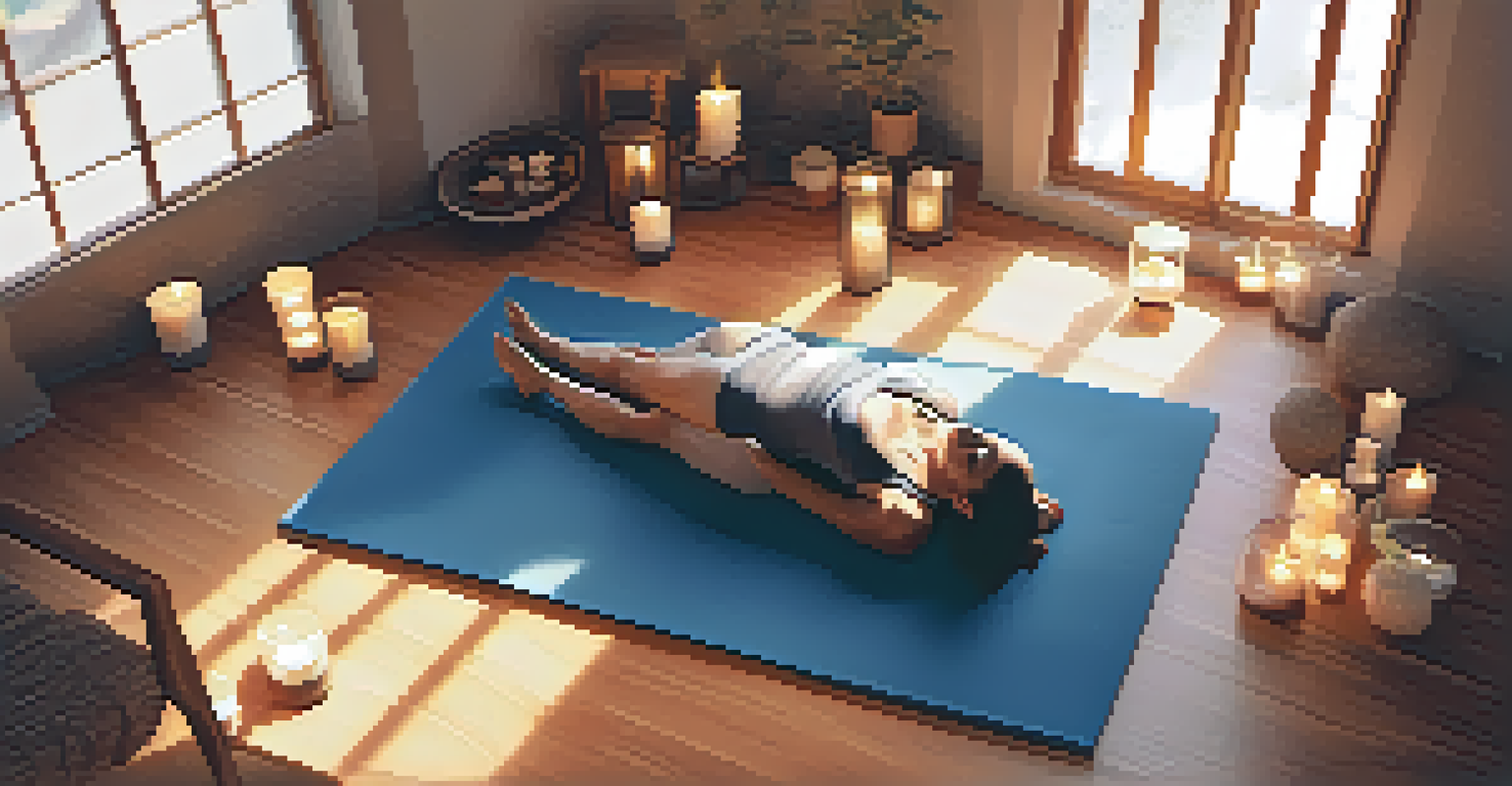 An aerial view of a person in a peaceful Yoga Nidra session, surrounded by calming candles and a water fountain.