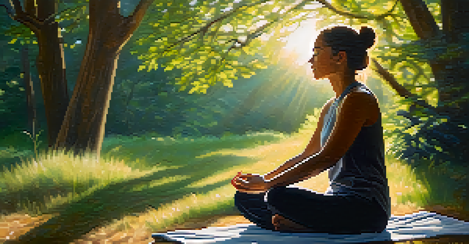 A person practicing breathwork in a meditative pose outdoors, surrounded by nature, with sunlight filtering through trees.