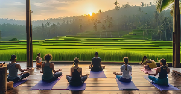 A diverse group of individuals practicing yoga on a wooden deck in Ubud, Bali, with lush rice terraces and palm trees in the background during sunrise.
