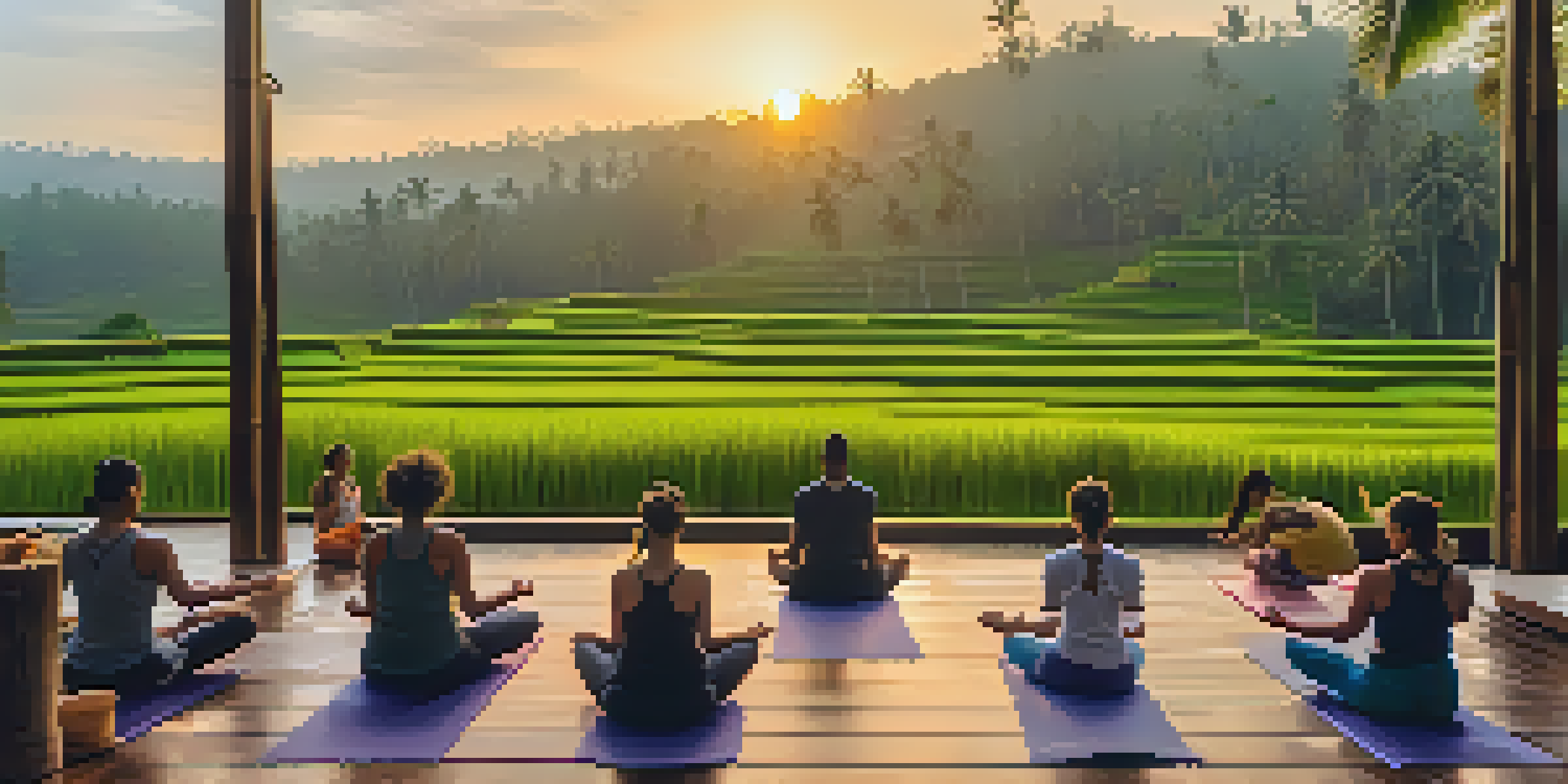 A diverse group of individuals practicing yoga on a wooden deck in Ubud, Bali, with lush rice terraces and palm trees in the background during sunrise.