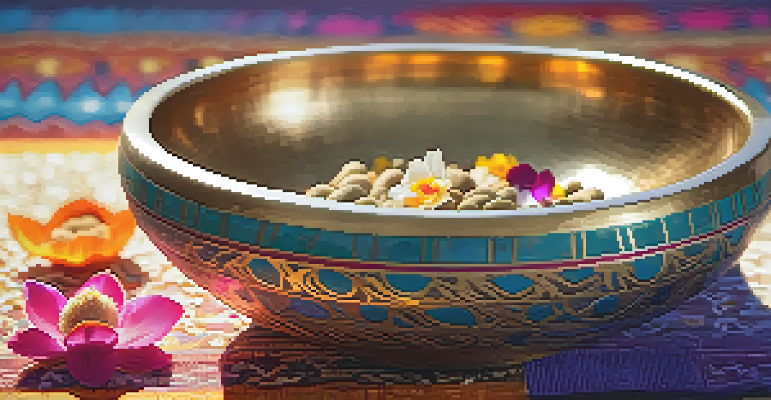 A close-up of a Tibetan singing bowl on a yoga mat, surrounded by crystals and flowers, illuminated by sunlight.