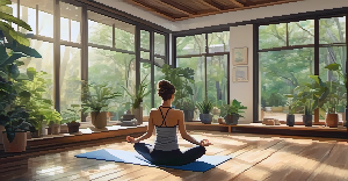 A person practicing yoga in a peaceful studio filled with natural light and plants, sitting in a meditative pose on a yoga mat.