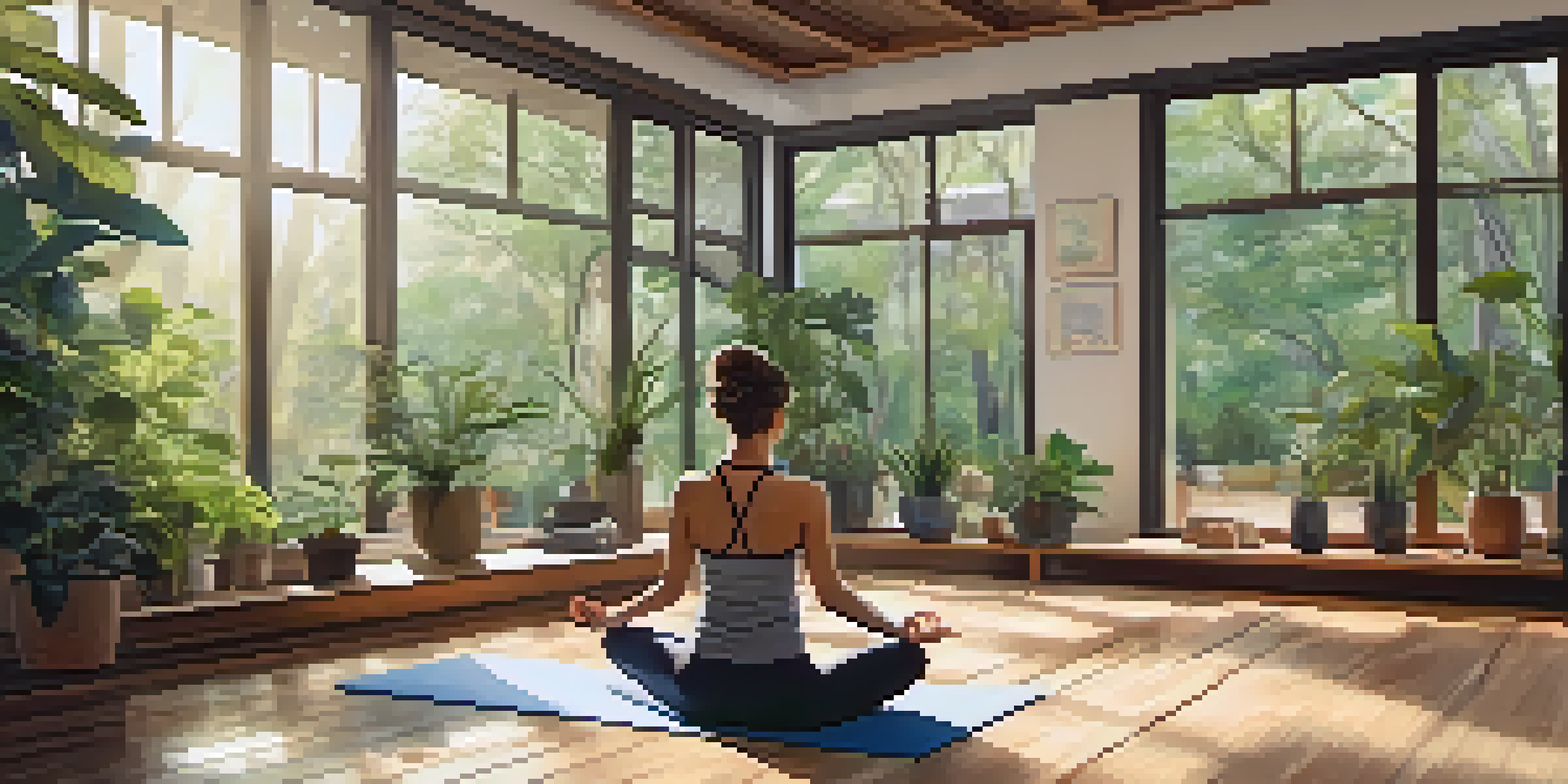 A person practicing yoga in a peaceful studio filled with natural light and plants, sitting in a meditative pose on a yoga mat.