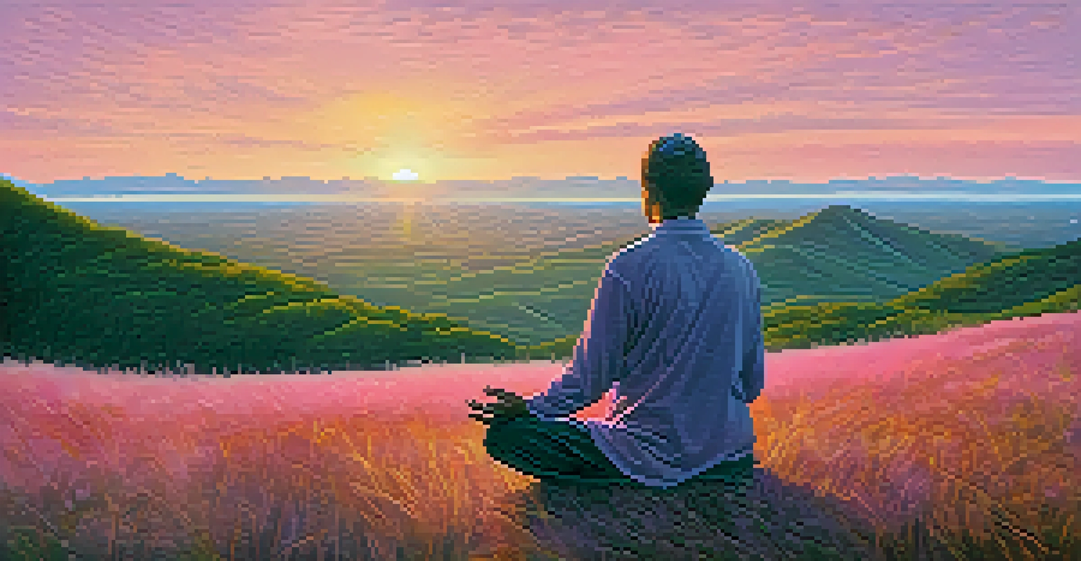 A person meditating on a hilltop at sunrise, with a colorful sky and green landscape.