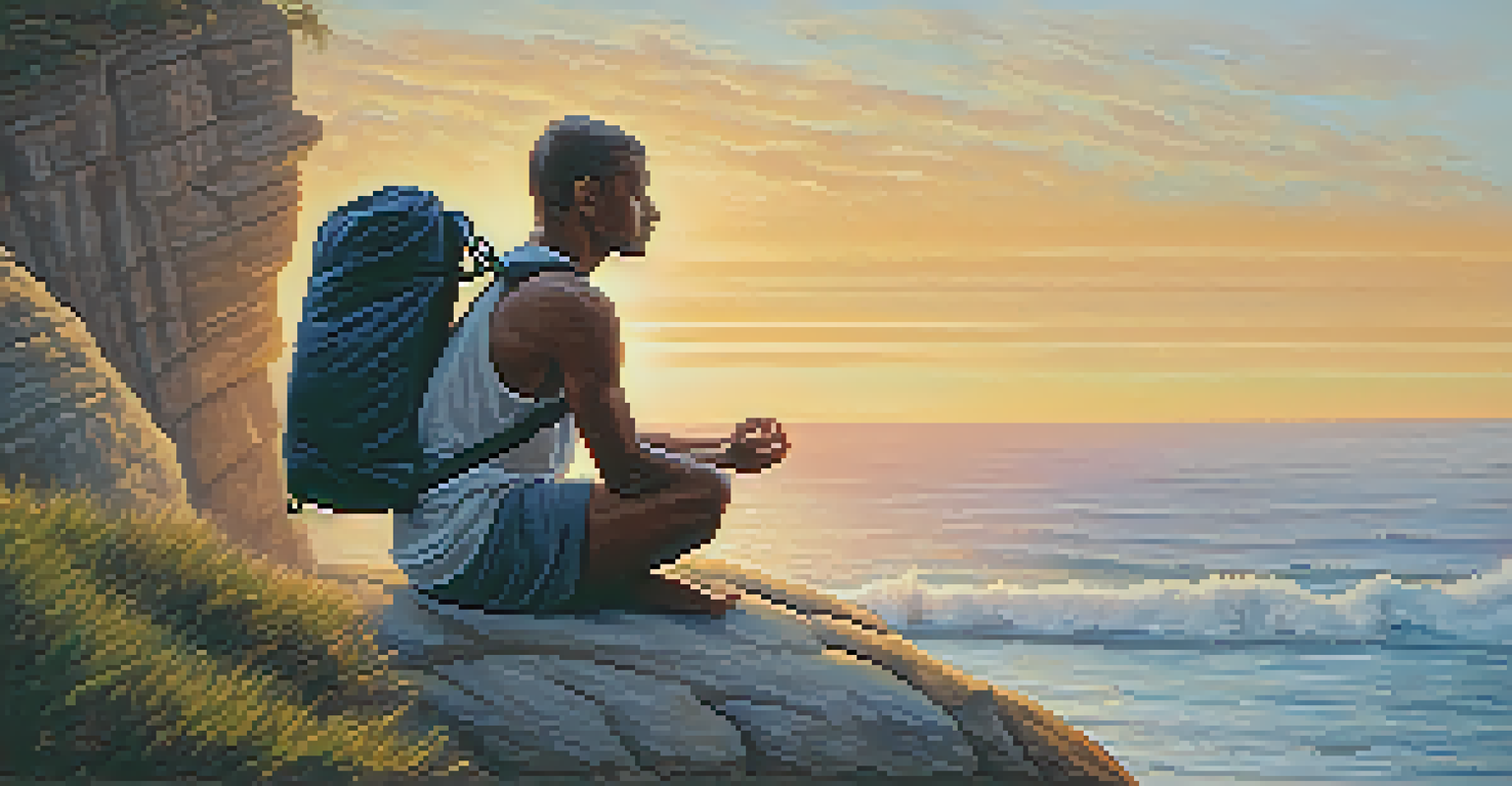 A yogi practicing yoga on a cliff with a beautiful ocean sunset, with a backpack showing nutritional supplements.