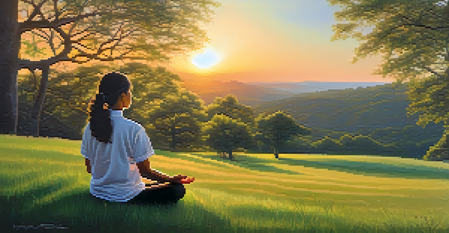 A person meditating on a hill during sunset, surrounded by trees and soft light.