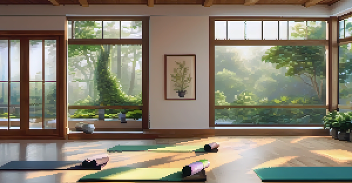 A peaceful yoga studio with wooden floors, warm lighting, and a yoga mat surrounded by indoor plants.