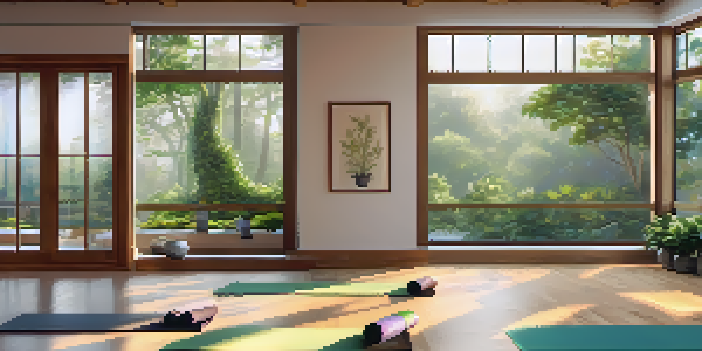 A peaceful yoga studio with wooden floors, warm lighting, and a yoga mat surrounded by indoor plants.