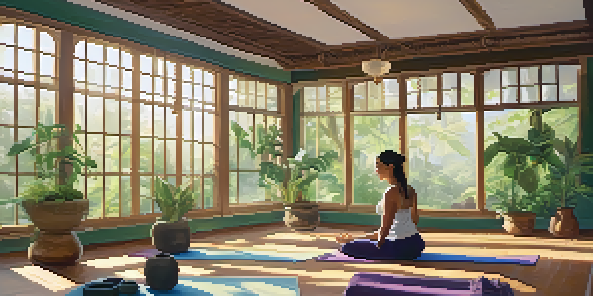 A peaceful yoga studio featuring a person practicing yoga with sound healing instruments like singing bowls and gongs around them.