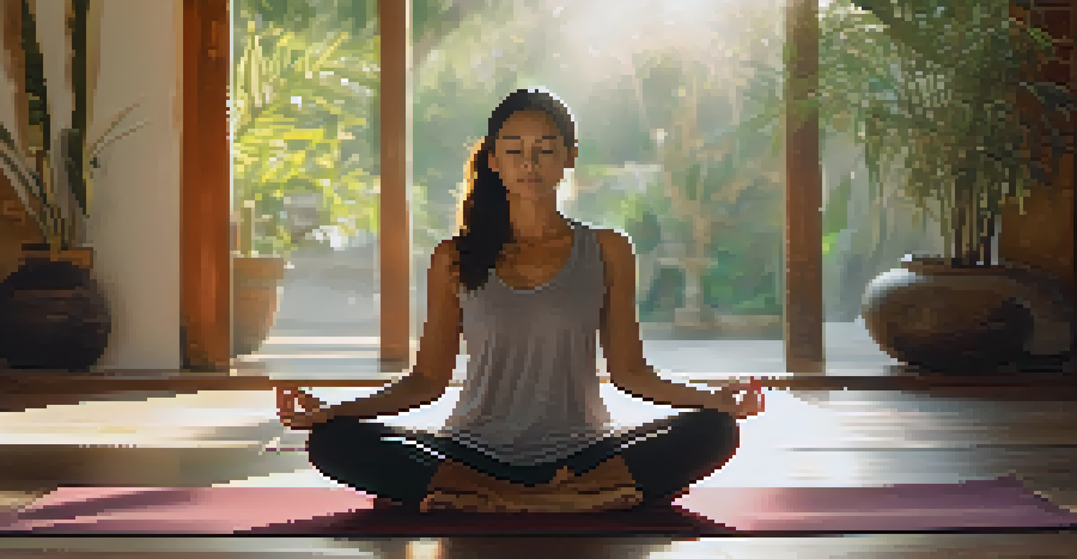 A close-up of a person seated cross-legged on a yoga mat, practicing mindful breathing with a calm expression.