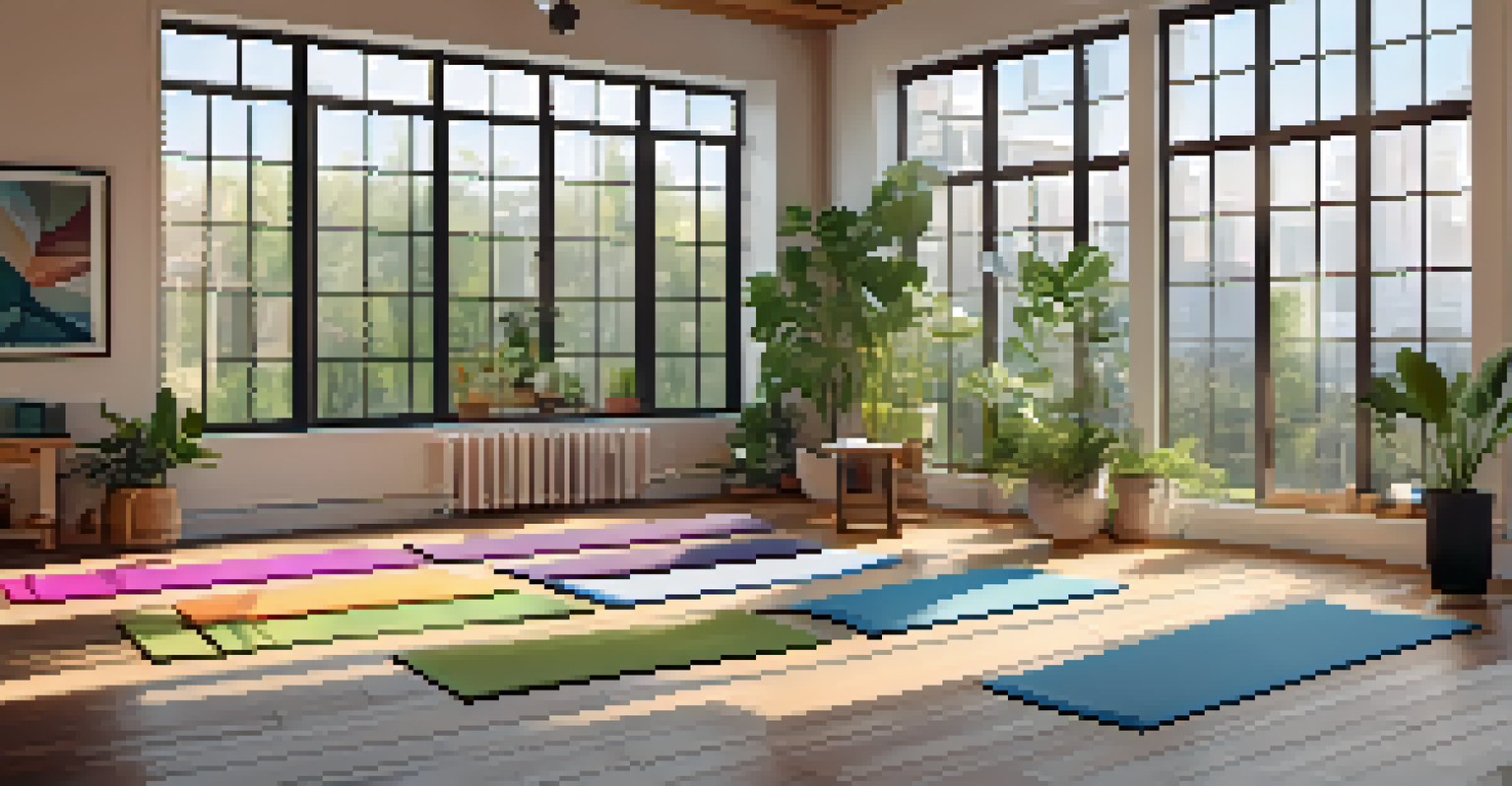 A bright indoor yoga studio with people practicing yoga surrounded by plants.