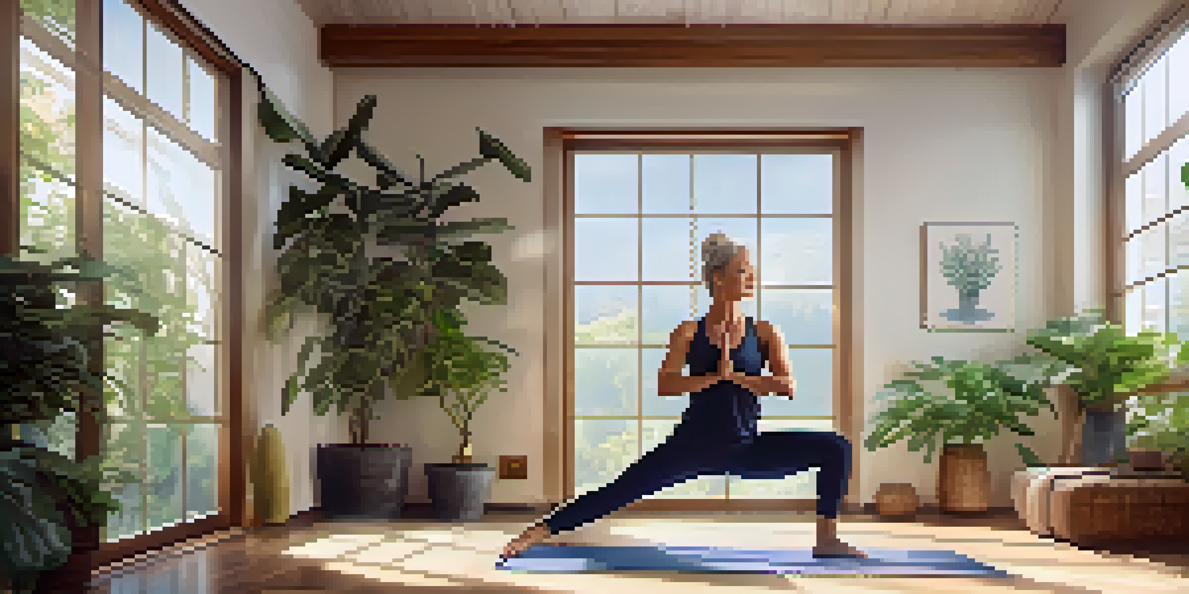 An older adult practicing the Tree Pose on a yoga mat in a bright, peaceful room filled with plants and soft light.