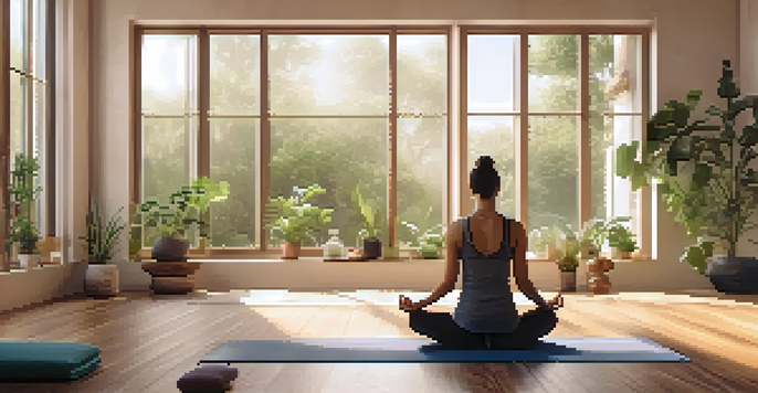 A peaceful yoga studio with natural light, featuring a person practicing breathing techniques on a yoga mat.