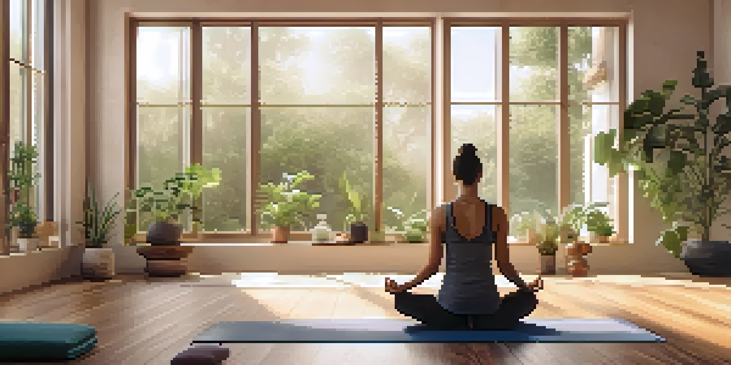 A peaceful yoga studio with natural light, featuring a person practicing breathing techniques on a yoga mat.