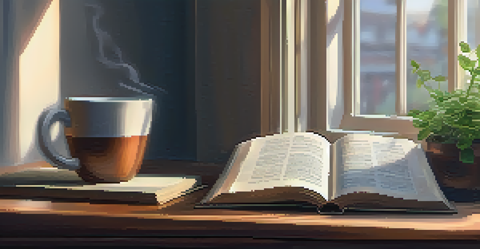 A book on mindfulness and resilience, a cup of herbal tea, and a potted plant on a wooden table, illuminated by natural light.