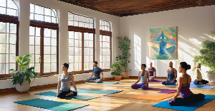 A bright yoga studio filled with diverse individuals practicing different yoga poses, surrounded by plants and colorful mats, showcasing a serene environment.