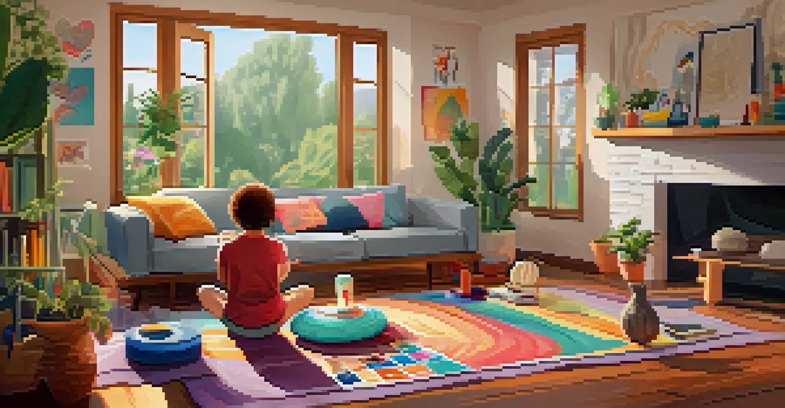 A parent and child crafting colorful yoga props in a cozy, well-lit living room filled with decorations.