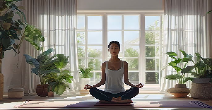An individual practicing diaphragmatic breathing in a tranquil indoor environment filled with plants and soft lighting.