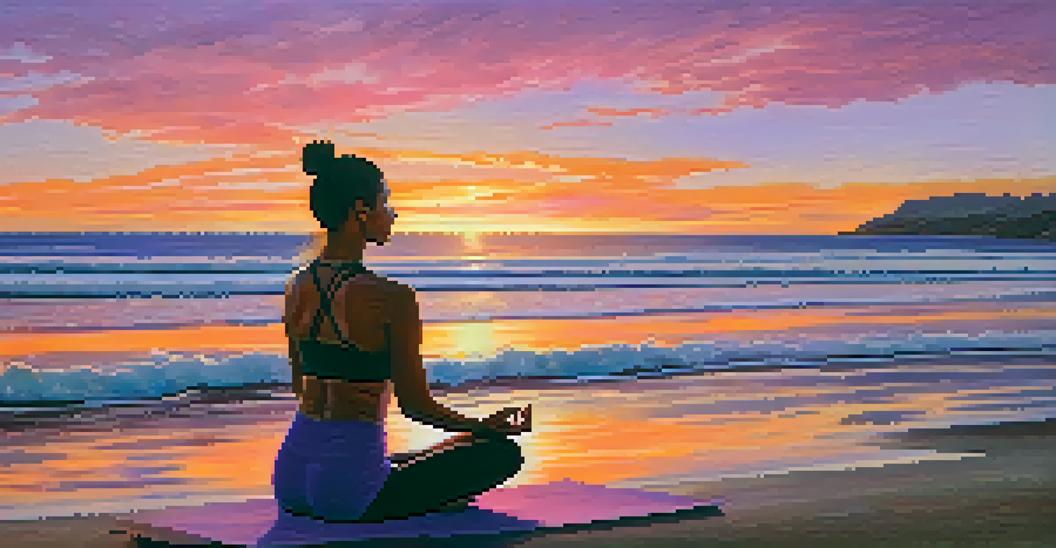 A person practicing yoga on a beach at sunset, with a colorful sky and calm waters.