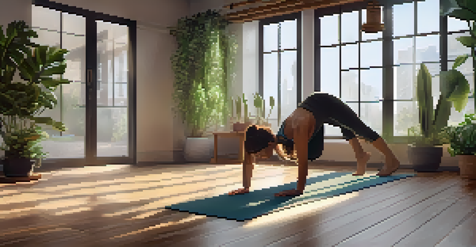 A runner practicing Pigeon Pose in a peaceful indoor yoga studio with plants and soft lighting.