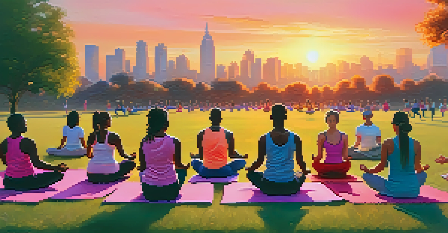 Diverse group of people practicing yoga in a park at sunset, with colorful mats and a vibrant sky.