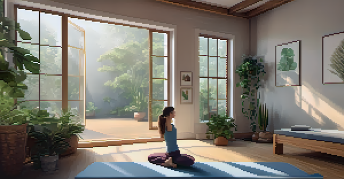 A peaceful yoga studio illuminated by soft natural light, featuring a person in Child's Pose on a yoga mat, surrounded by plants and calming decor.