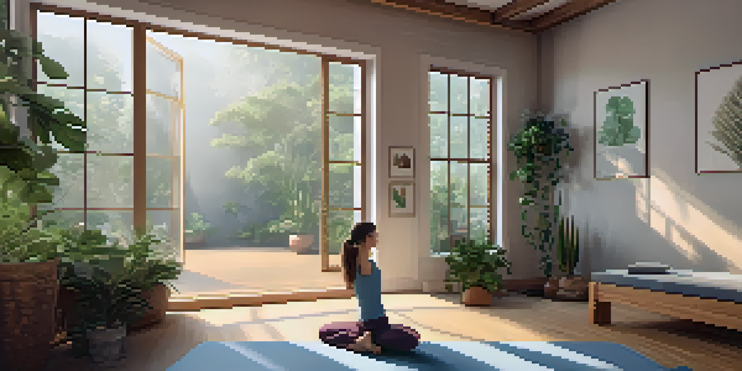 A peaceful yoga studio illuminated by soft natural light, featuring a person in Child's Pose on a yoga mat, surrounded by plants and calming decor.