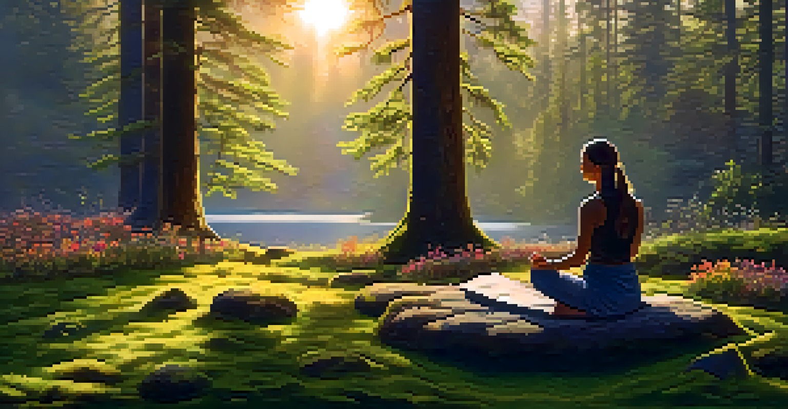A person meditating on a moss-covered rock in a sunlit forest, surrounded by tall trees and wildflowers.