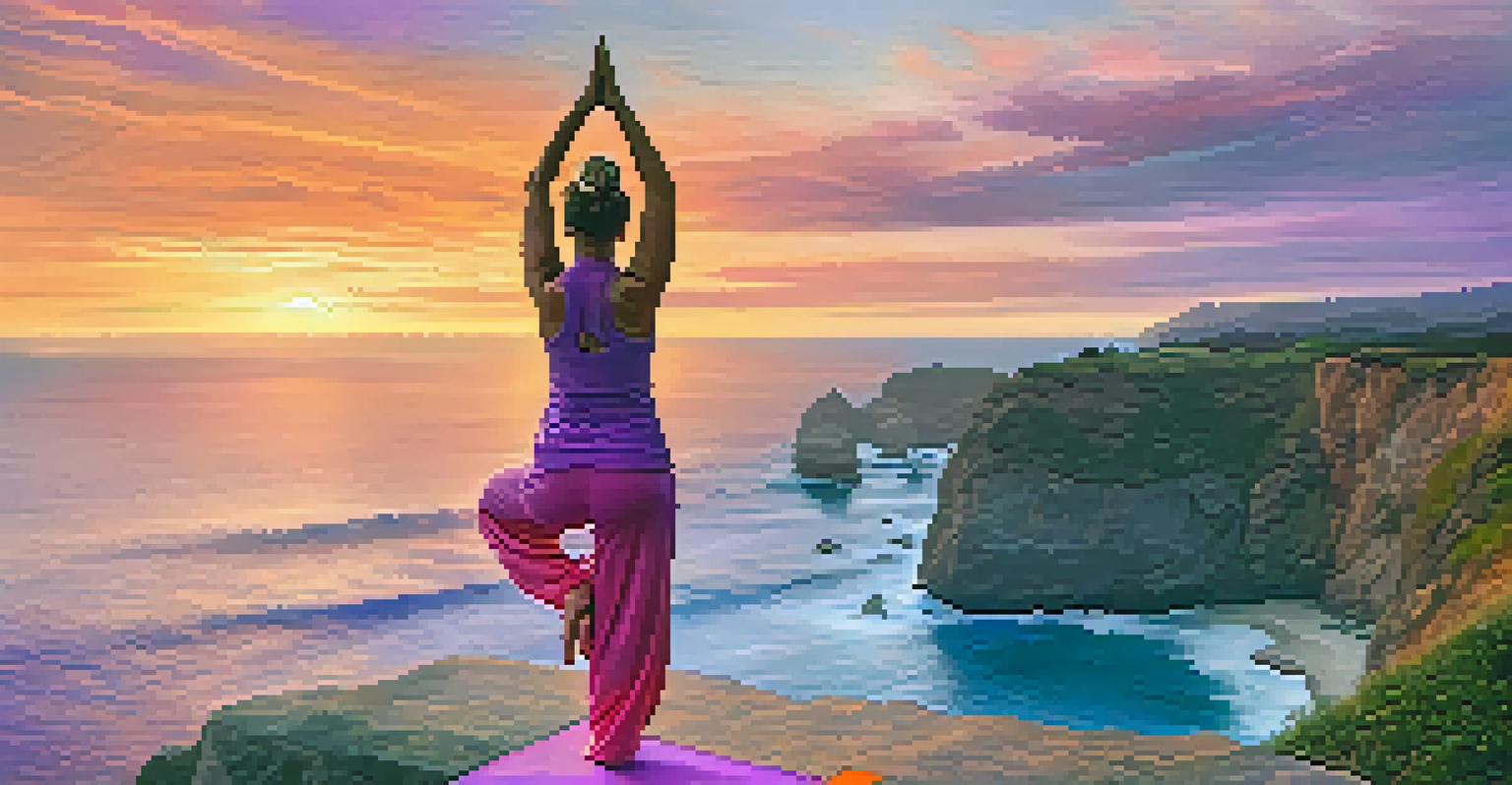 A yoga practitioner performing a pose on a cliff at sunset, with a vibrant sky and the ocean in the background.