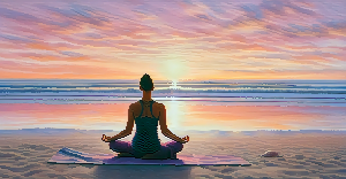 A person practicing yoga on a beach at sunrise, with the ocean in the background and colorful skies.