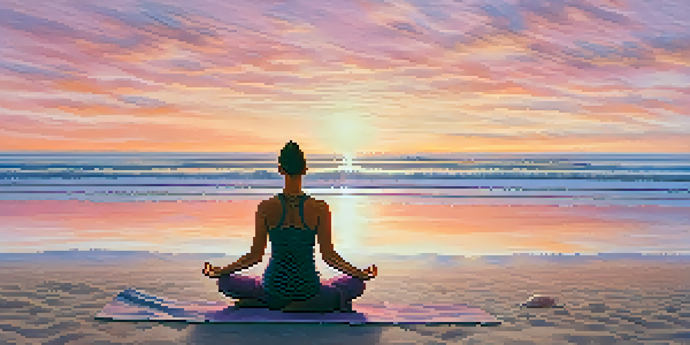 A person practicing yoga on a beach at sunrise, with the ocean in the background and colorful skies.