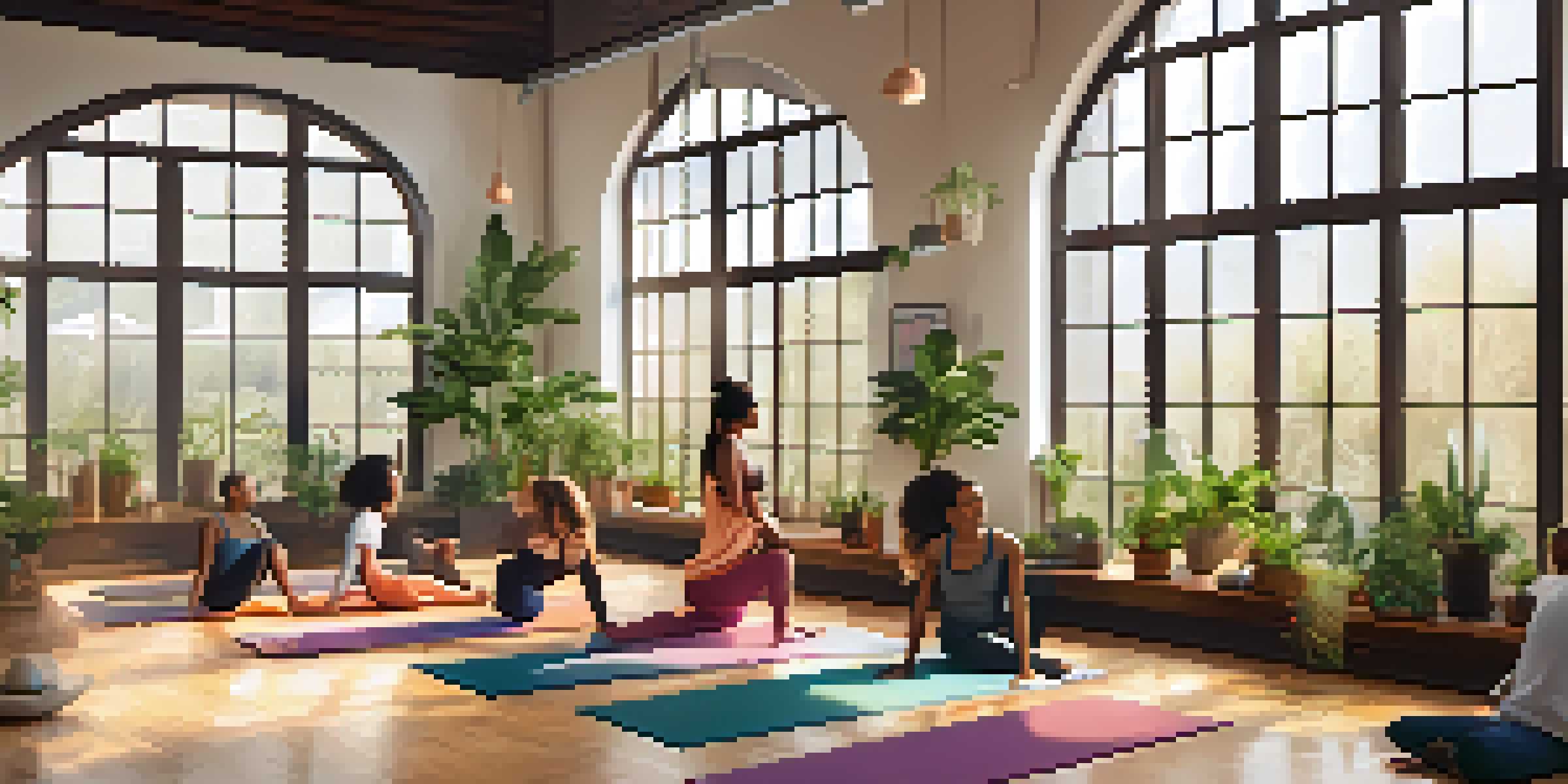 A diverse group of people practicing yoga in a bright studio, laughing and enjoying the moment together.