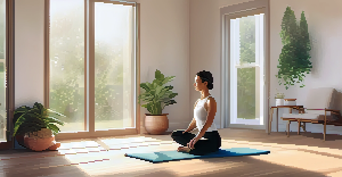A peaceful home yoga corner with natural light, featuring a person in Child's Pose on a yoga mat surrounded by plants.