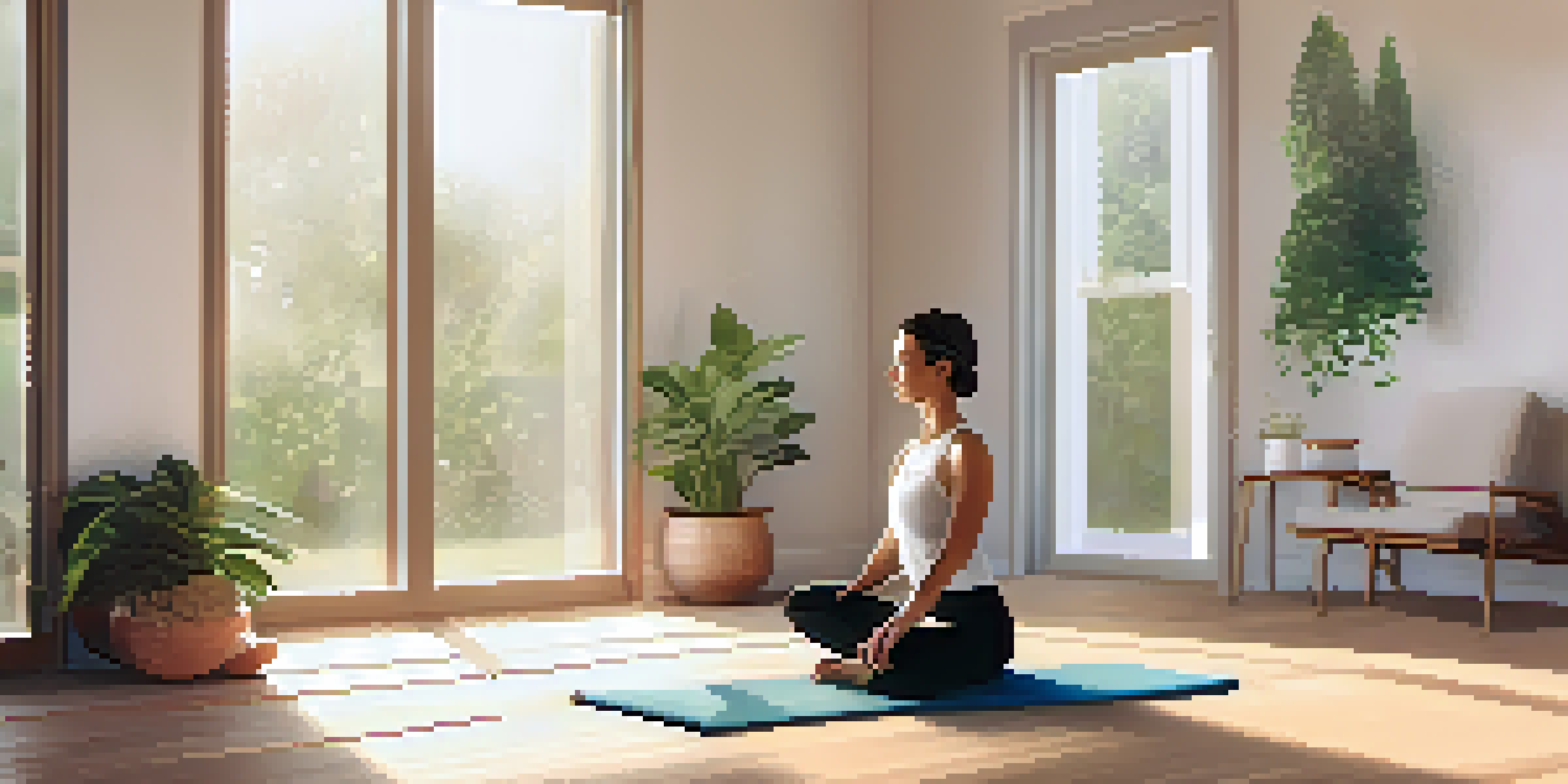 A peaceful home yoga corner with natural light, featuring a person in Child's Pose on a yoga mat surrounded by plants.