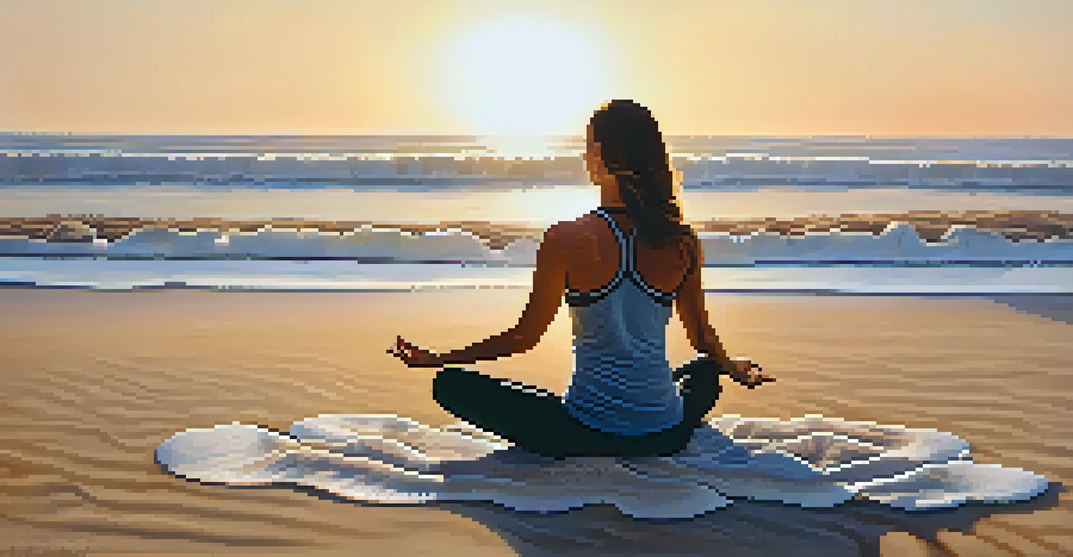 A person meditating on a beach during sunrise, with gentle waves and seashells in the foreground.