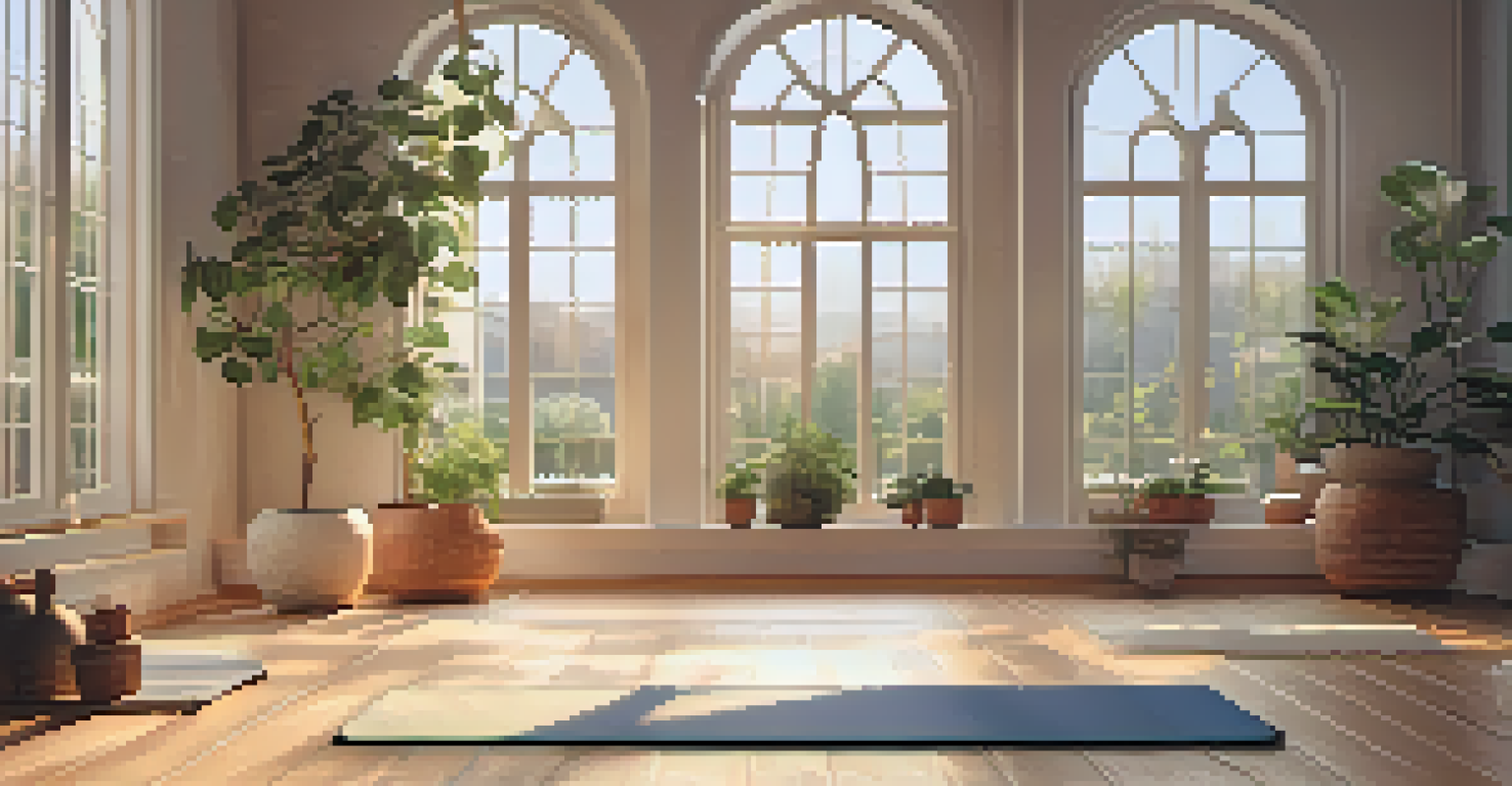 An inviting indoor yoga space with a mat, candles, and plants, illuminated by warm sunlight from a window.