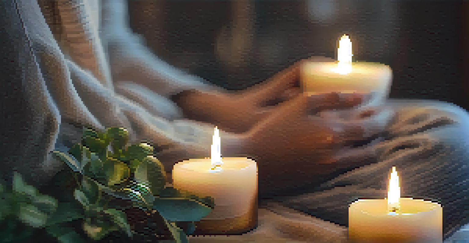 Close-up of hands in a meditative pose, with a warm and calming indoor environment in the background.