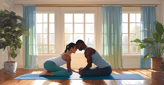 Two partners practicing a Partner Forward Fold pose in a serene indoor yoga space, surrounded by plants and soft lighting.