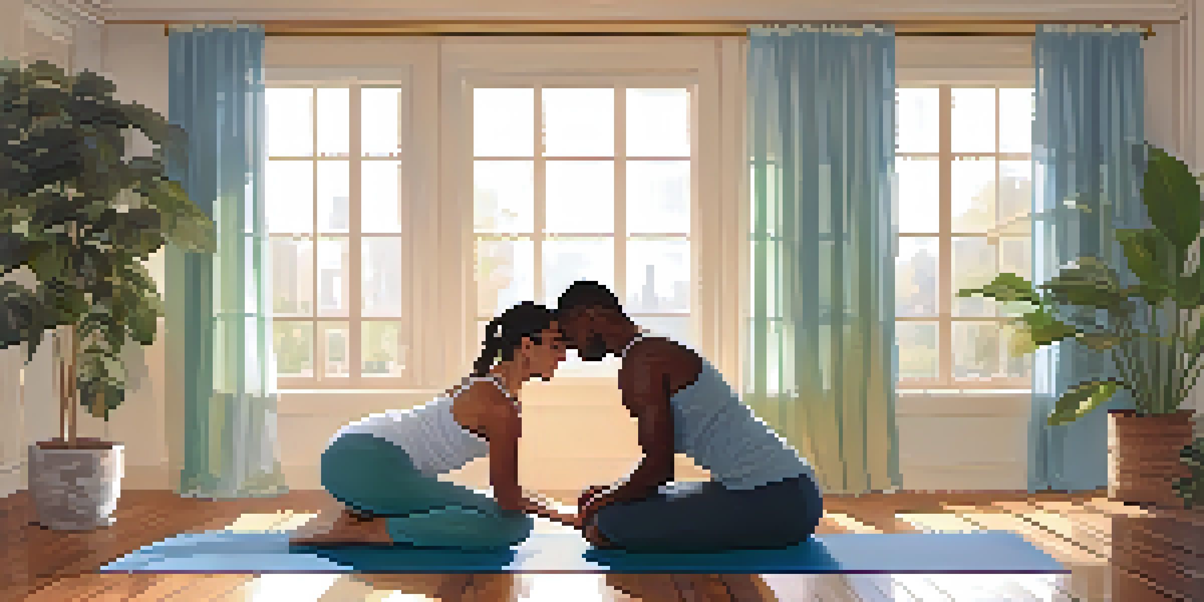 Two partners practicing a Partner Forward Fold pose in a serene indoor yoga space, surrounded by plants and soft lighting.