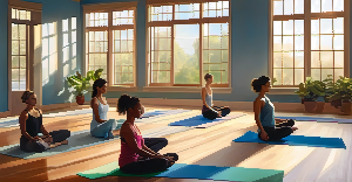 A diverse group of individuals practicing yoga in a bright and serene studio with sunlight filtering through the windows.