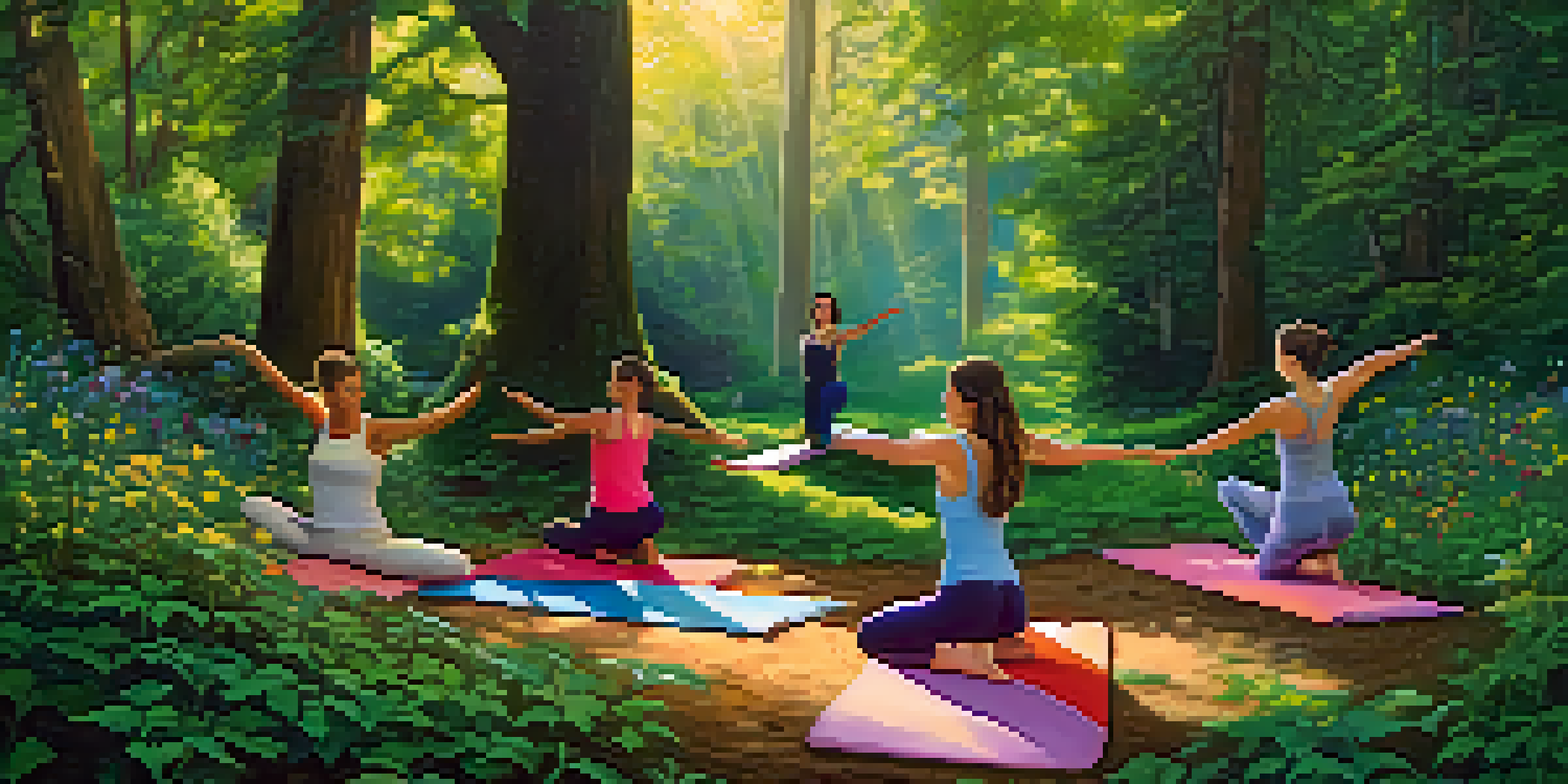 A peaceful forest setting where individuals practice yoga on colorful mats, surrounded by trees and a gentle stream.