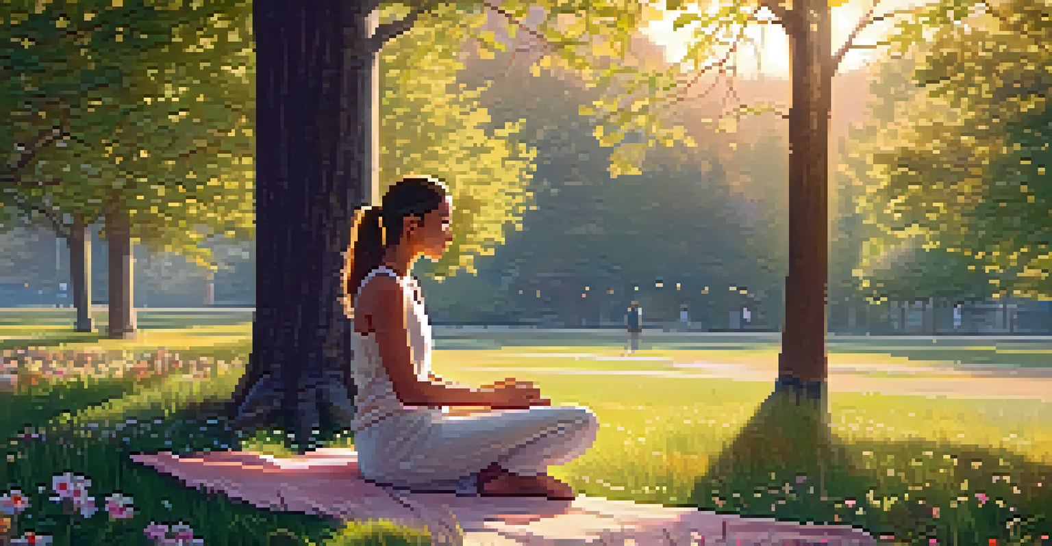 A person meditating in a park during sunrise, surrounded by flowers and trees, with warm golden sunlight illuminating the scene.