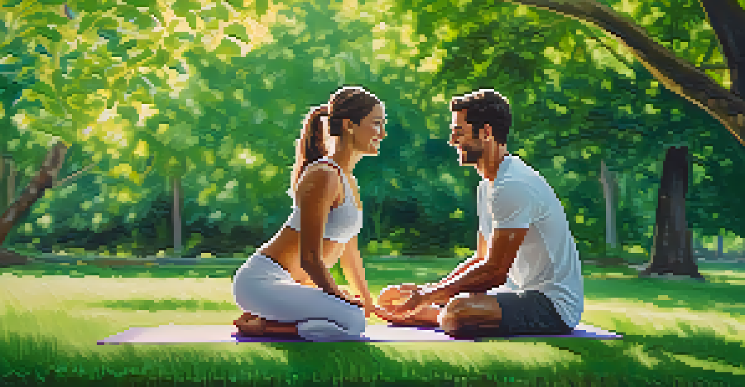 Two individuals in a park practicing a partner yoga pose, surrounded by greenery and sunlight.