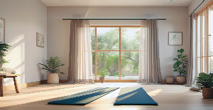 A peaceful yoga space for seniors with a soft mat, cushions, and soft natural light.