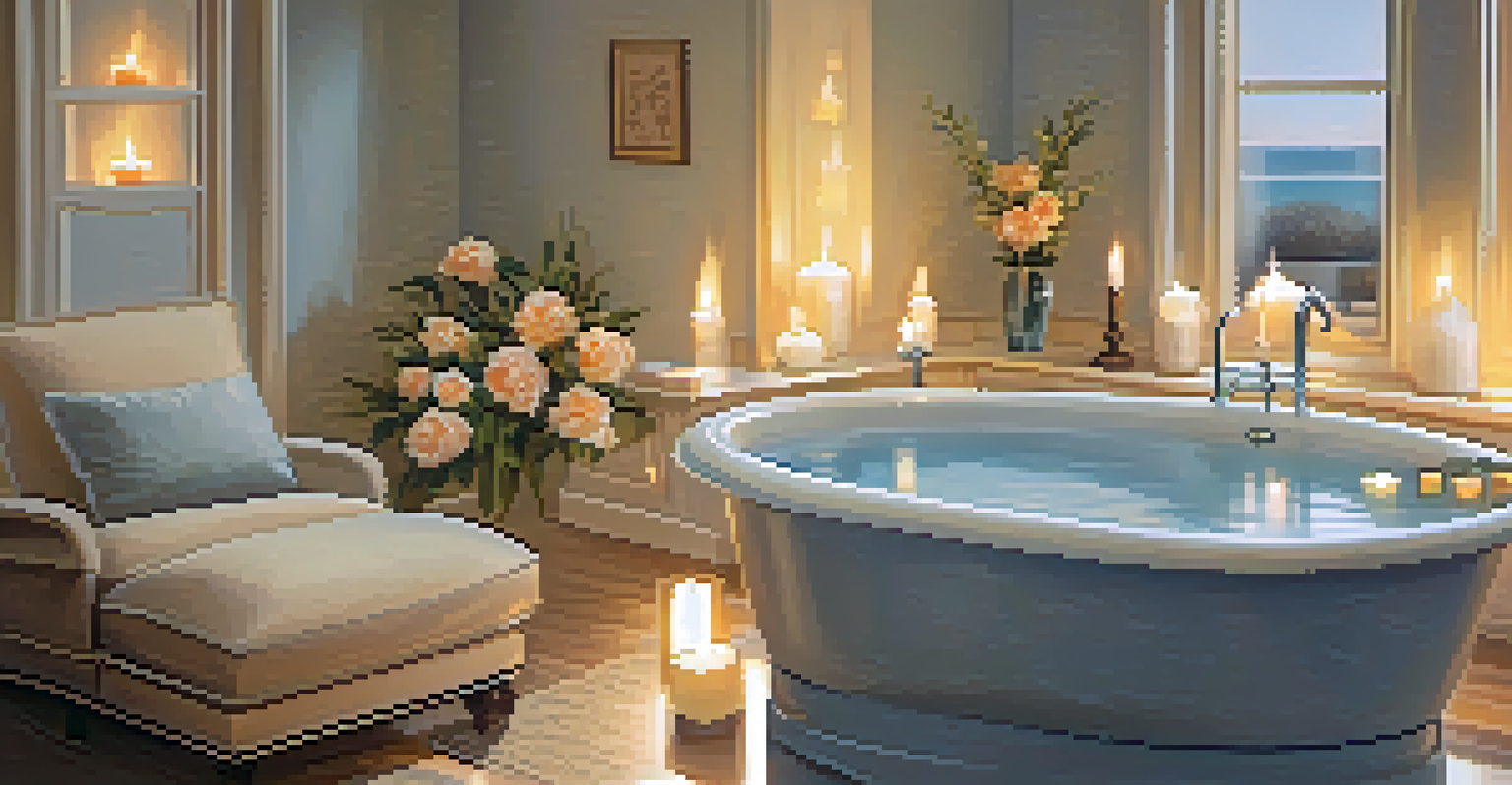 A cozy home spa with a warm bath, candles, essential oil diffusers, and floating flowers creating a relaxing atmosphere.